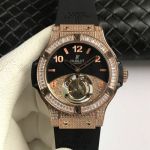 Swiss Replica Hublot Big Bang Everose Gold Diamond Case Black Dial Rubber Strap Tourbillon 44mm Men's Watch